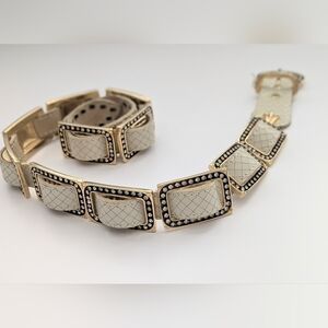 Exquisite Belt w/Cream Leather Flowing Through Squares of Gold & Rhinestones